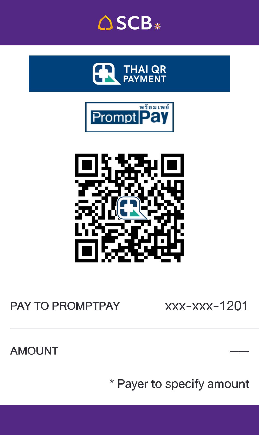 SCB PromptPay QR code for Jason Brown, mobile ending 1201